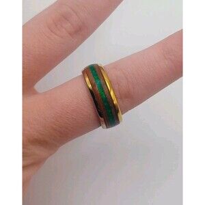 Men's Wedding Ring Yellow Gold Tungsten Green Malachite Hawaiian Koa Wood -Read